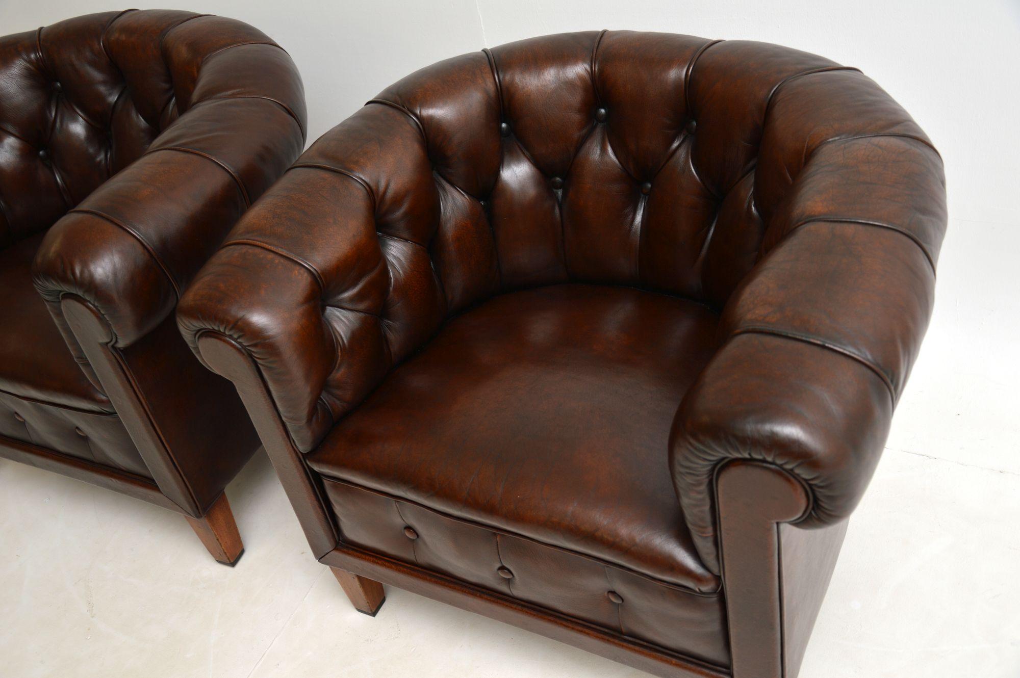 Early 20th Century Pair of Antique Swedish Leather Chesterfield Armchairs