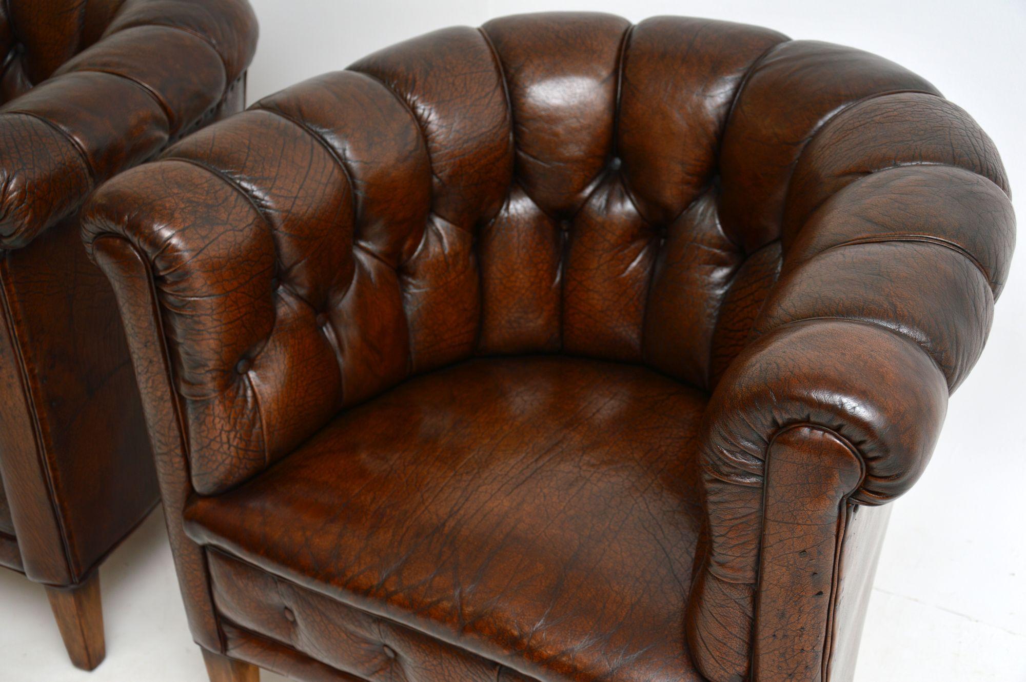 Pair of Antique Swedish Leather Chesterfield Armchairs 1