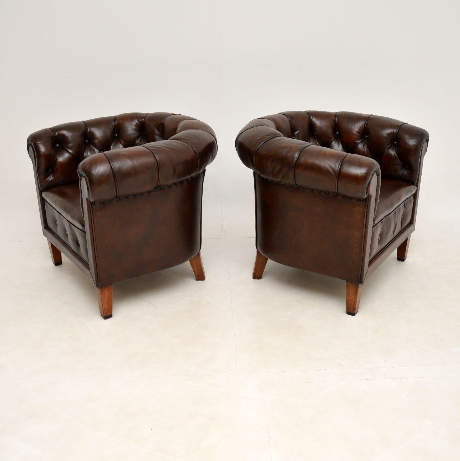 Pair of Antique Swedish Leather Chesterfield Armchairs 2