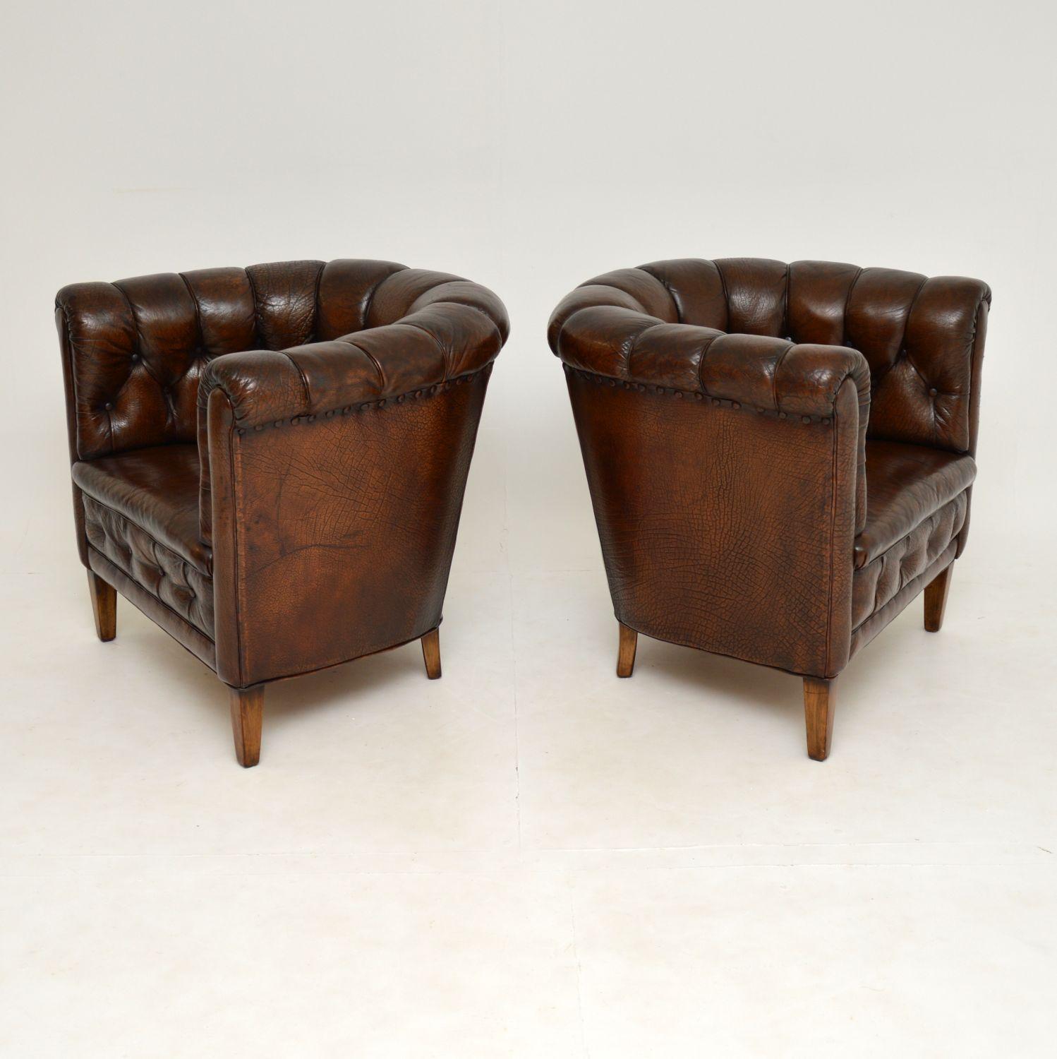 Pair of Antique Swedish Leather Chesterfield Armchairs 4