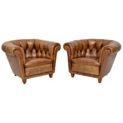 Pair of Antique Swedish Leather Chesterfield Armchairs