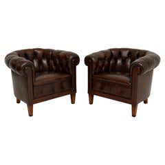 Pair of Antique Swedish Leather Chesterfield Armchairs