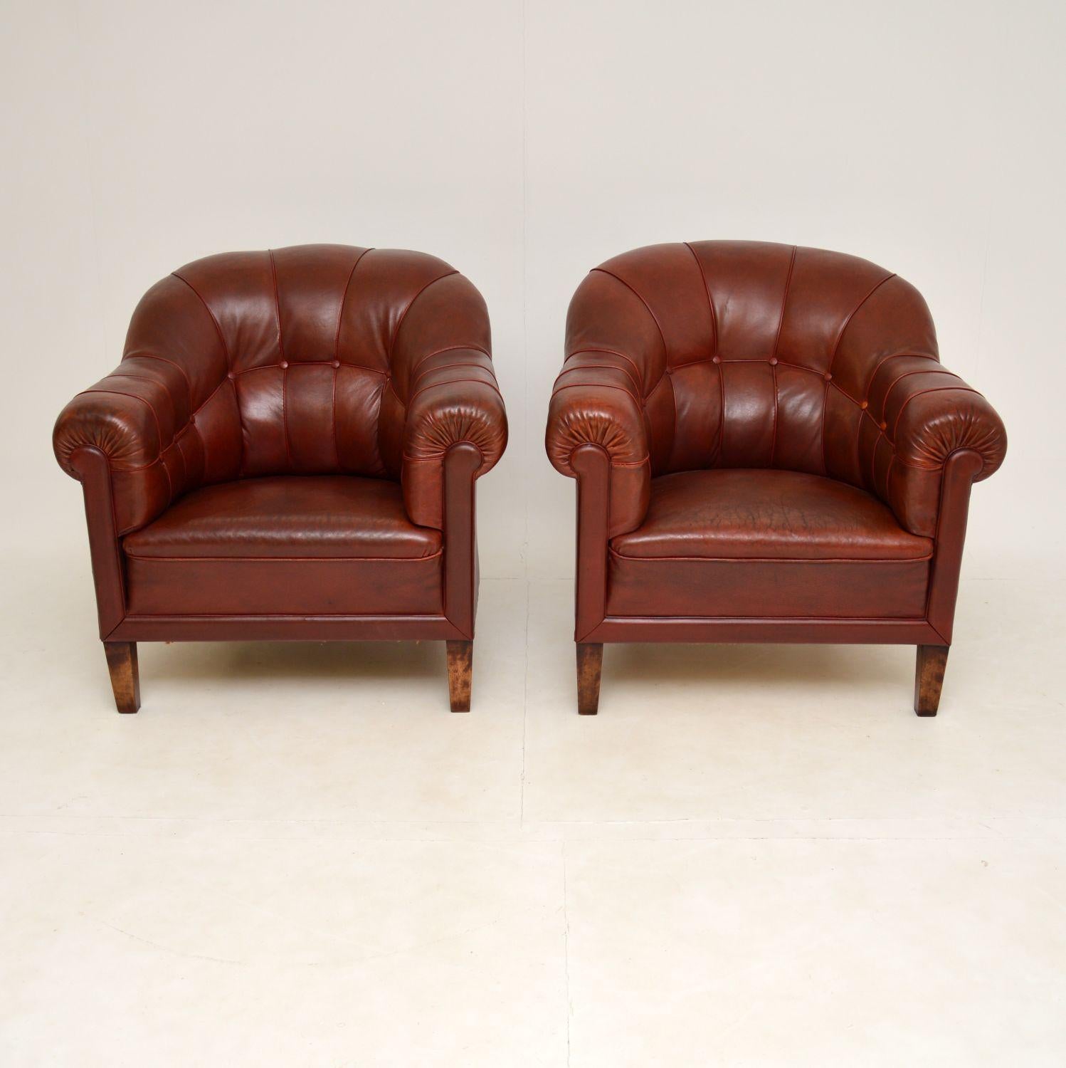 A stunning and extremely comfortable pair of antique leather club armchairs. These were made in Sweden, they date from the 1900-1920’s period.

The quality is amazing, these are extremely well built and heavy. We have have had the burgundy leather