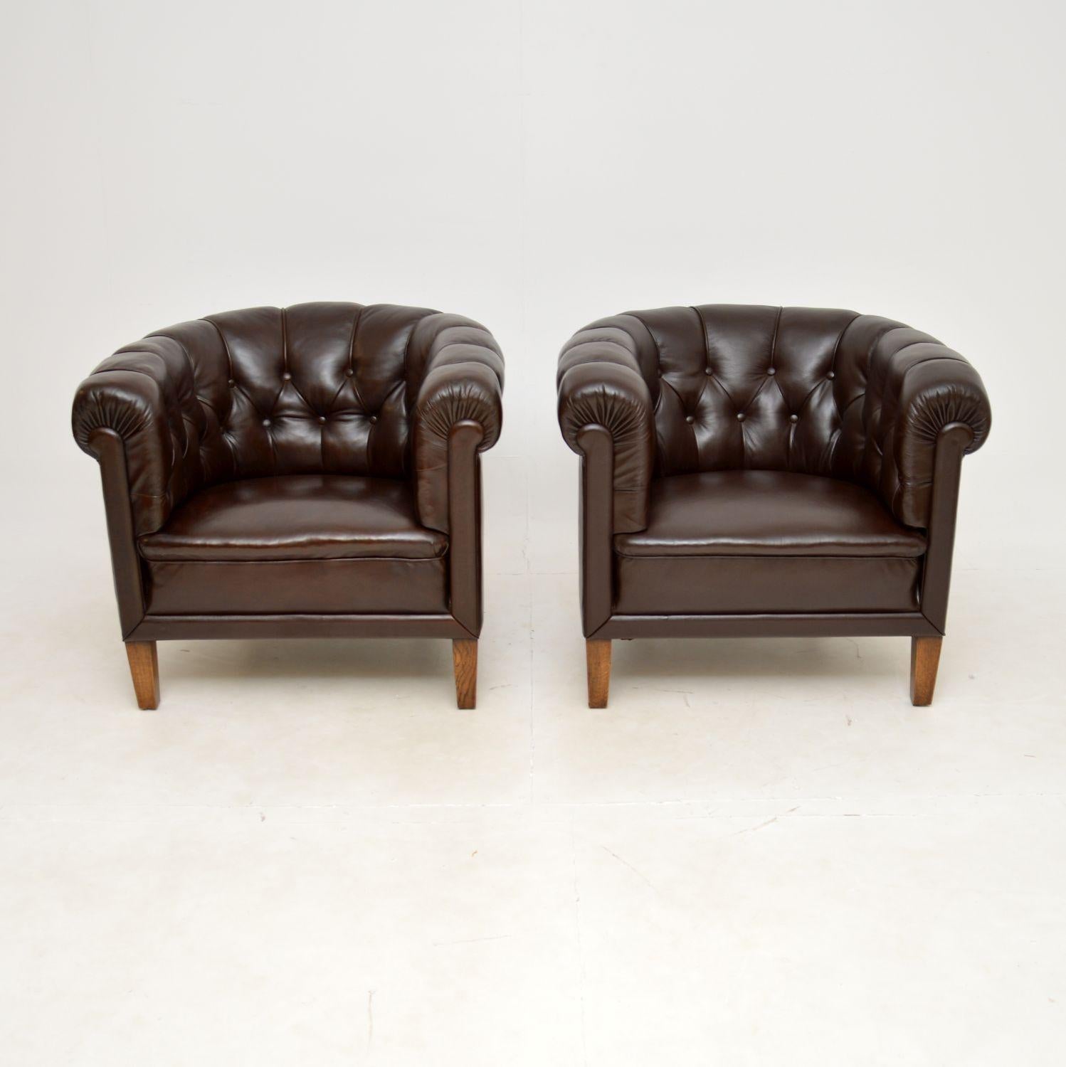 A fantastic pair of antique Swedish leather club chairs. They were recently imported from Sweden, they date from around the 1930s.

The quality is outstanding, they are extremely well made and are very comfortable. The solid and heavy frames are