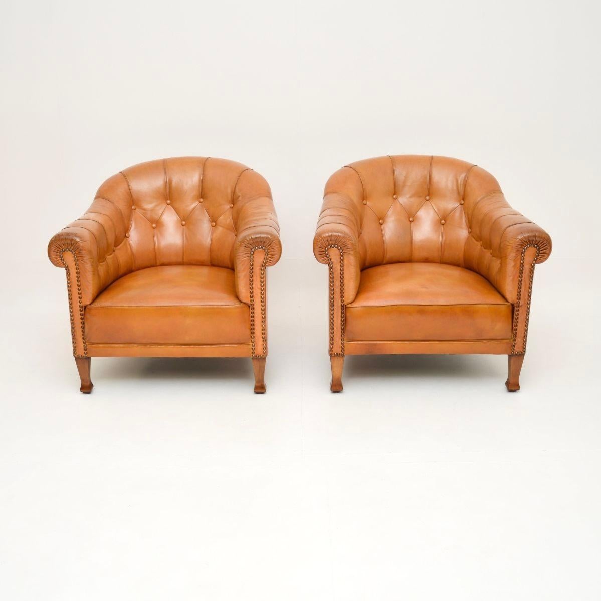 A fantastic pair of antique Swedish leather club armchairs. They were recently imported from Sweden, we would date them to around the 1910-20 period.

The quality is outstanding, they are generous in proportion, well sprung and are extremely