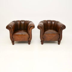 Pair of Antique Swedish Leather Club Armchairs