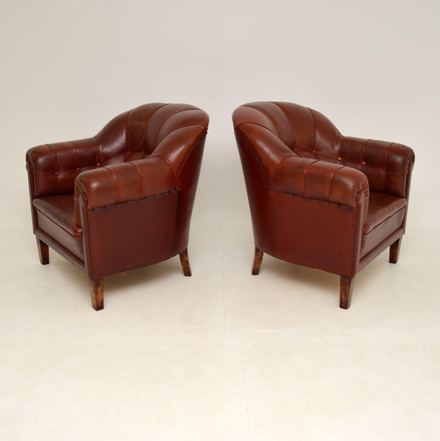 Chesterfield Pair of Antique Swedish Leather Club Armchairs
