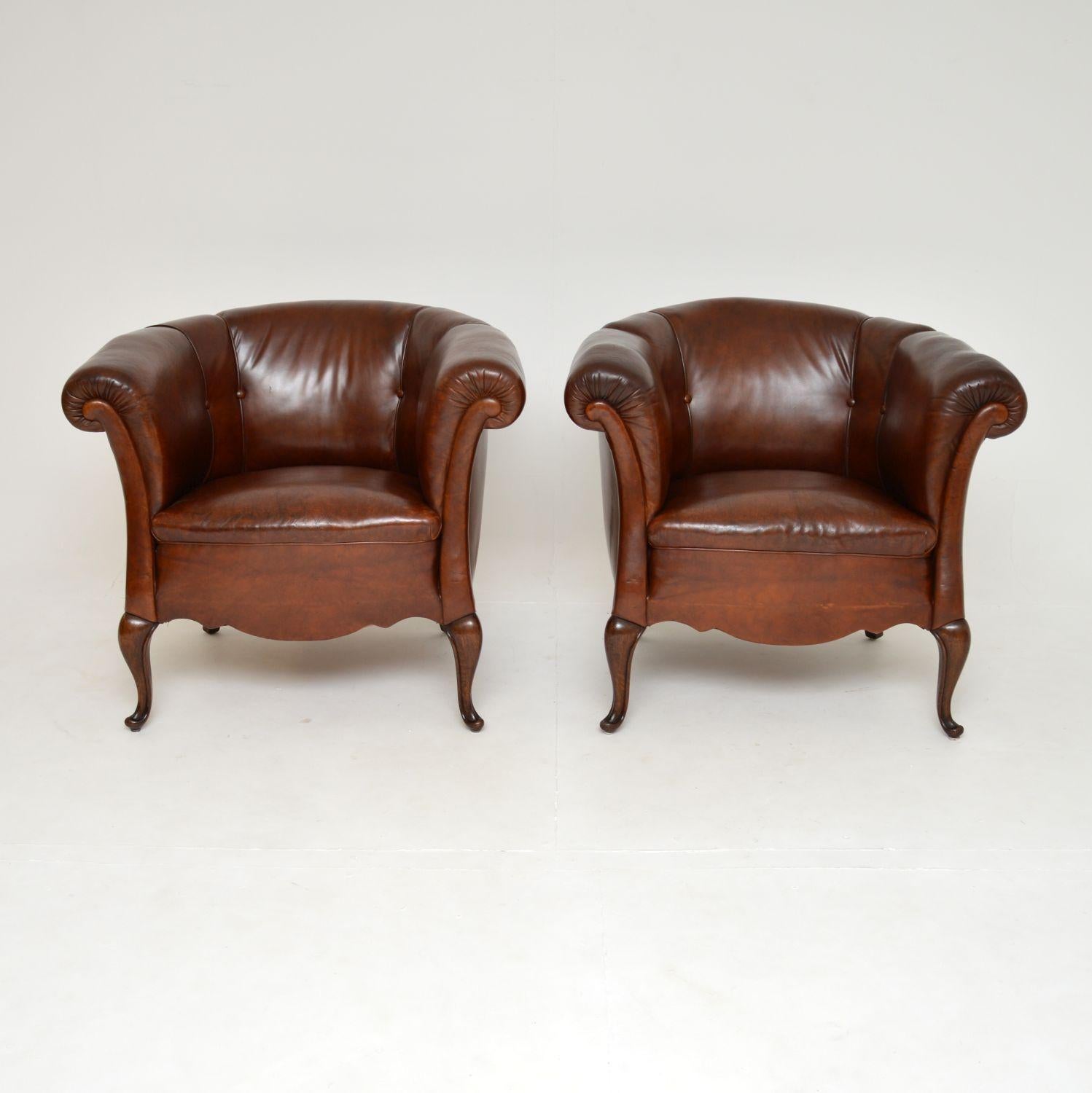 A stunning pair of antique Swedish leather armchairs. They were recently imported from Sweden, and they date from around the 1890’s period.

They quality is exceptional, they are very well built, extremely comfortable & a generous size. The frames