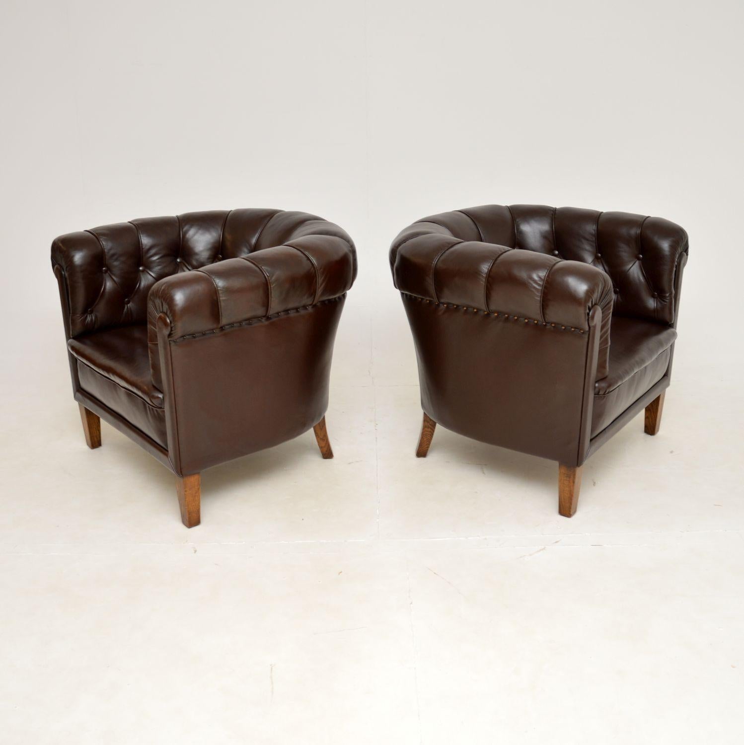 Chesterfield Pair of Antique Swedish Leather Club Armchairs
