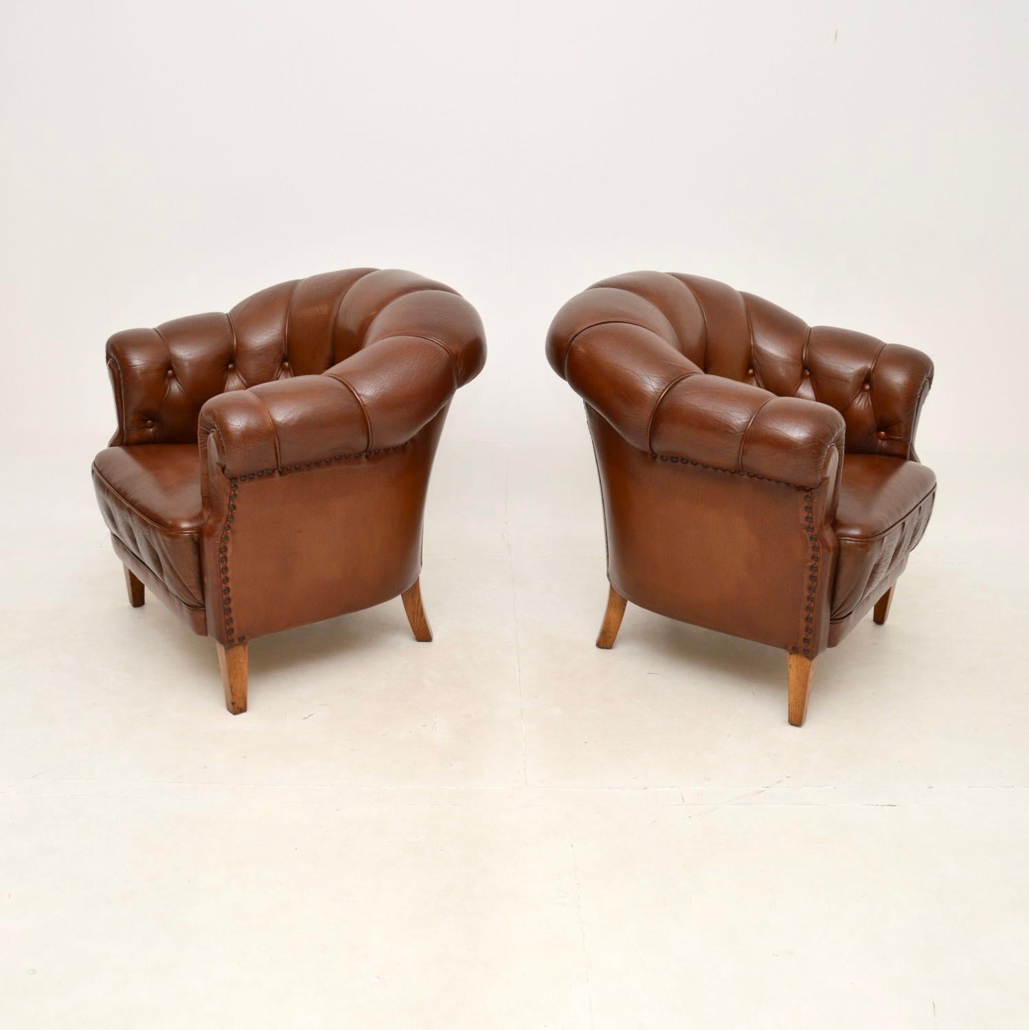 Chesterfield Pair of Antique Swedish Leather Club Armchairs For Sale