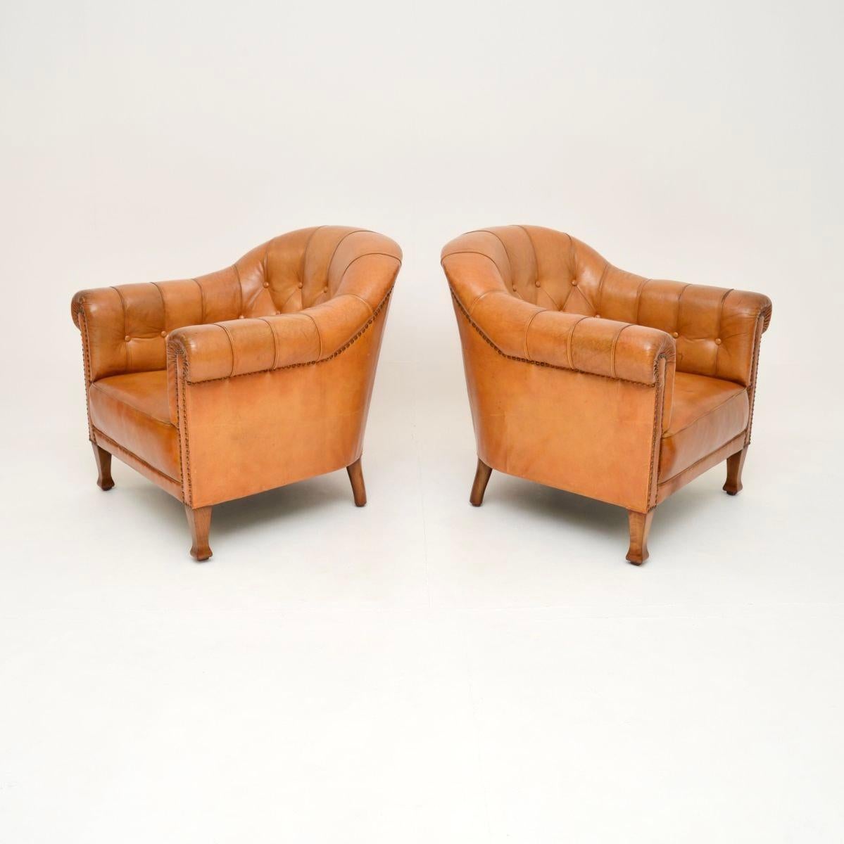 Chesterfield Pair of Antique Swedish Leather Club Armchairs