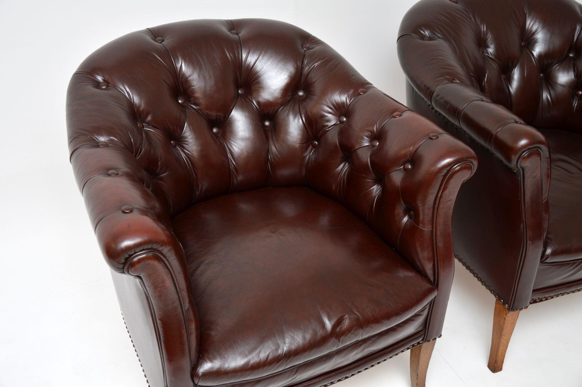 20th Century Pair of Antique Swedish Leather Club Armchairs
