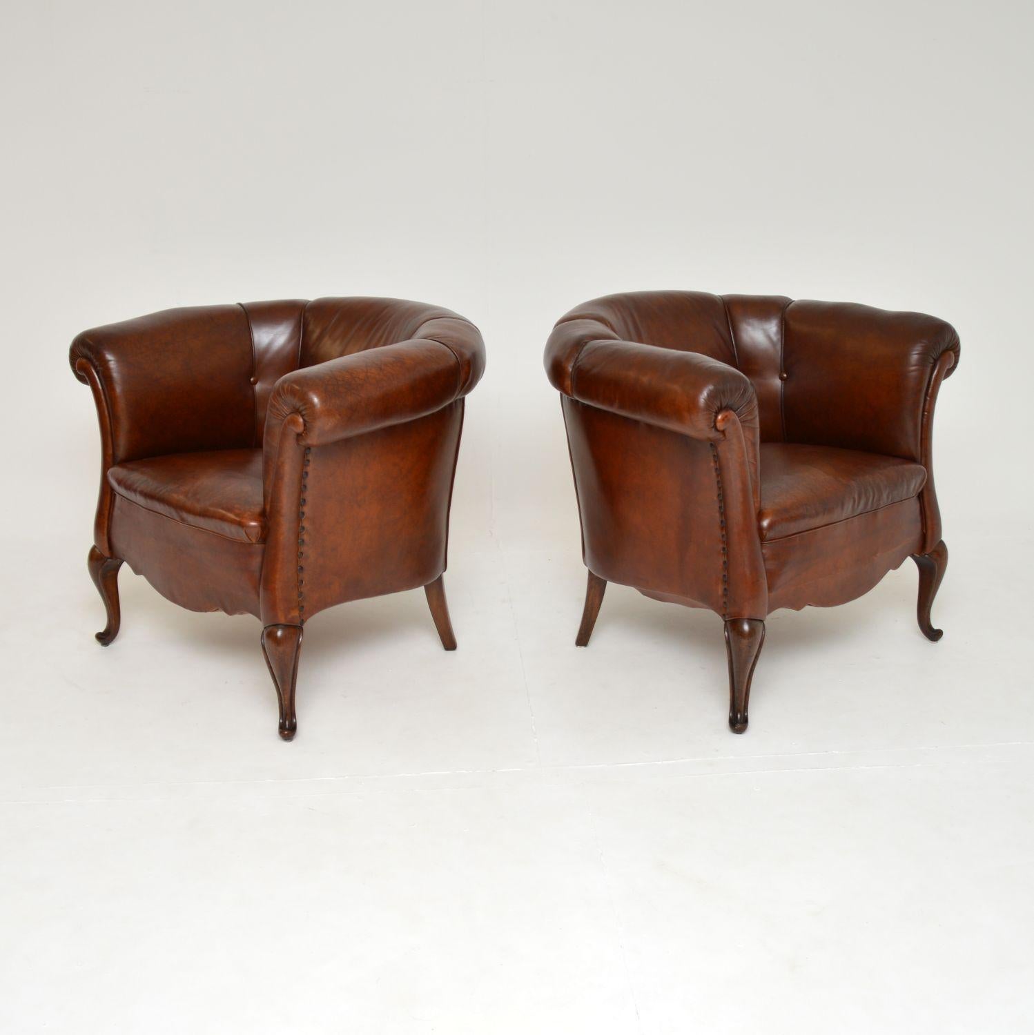 Georgian Pair of Antique Swedish Leather Club Armchairs
