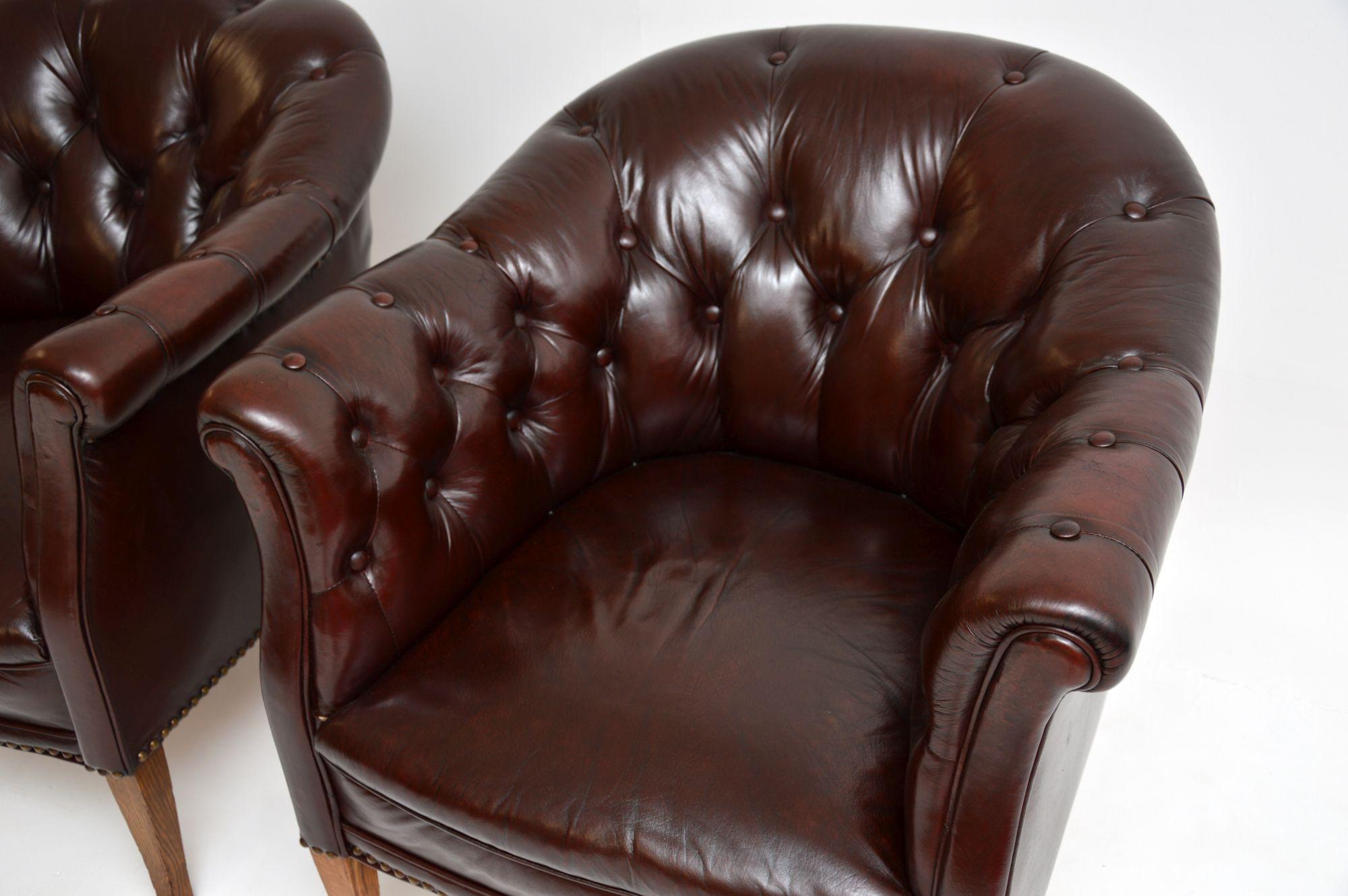 Pair of Antique Swedish Leather Club Armchairs 1