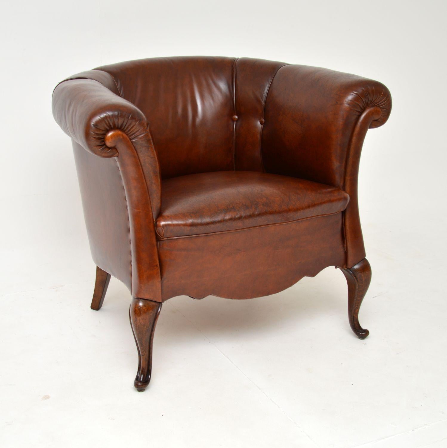 19th Century Pair of Antique Swedish Leather Club Armchairs