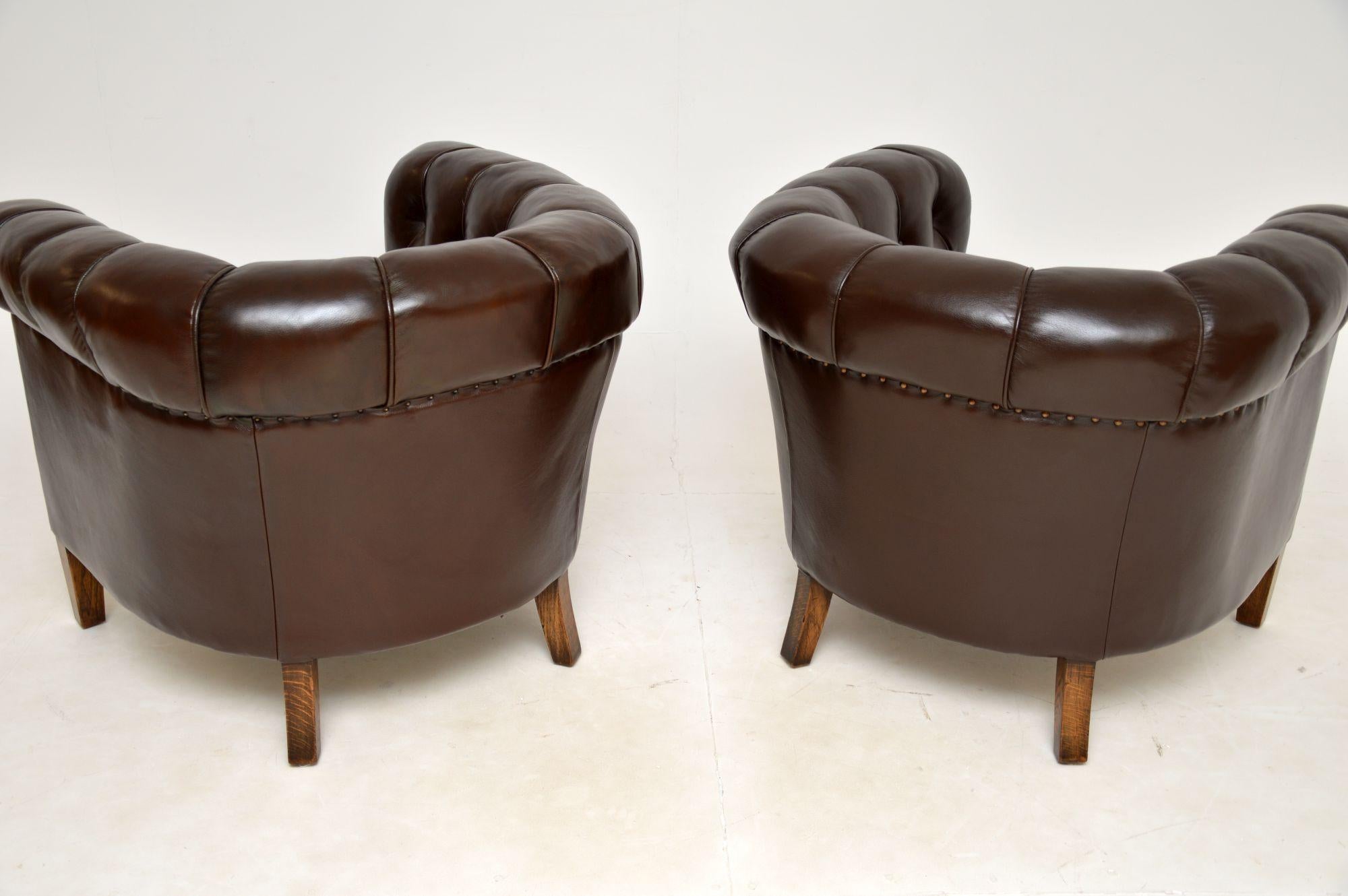 Mid-20th Century Pair of Antique Swedish Leather Club Armchairs