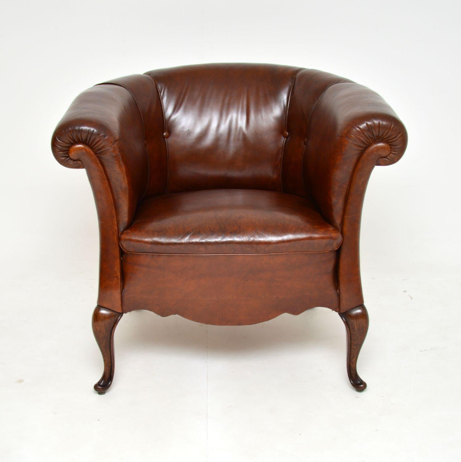 Pair of Antique Swedish Leather Club Armchairs 1
