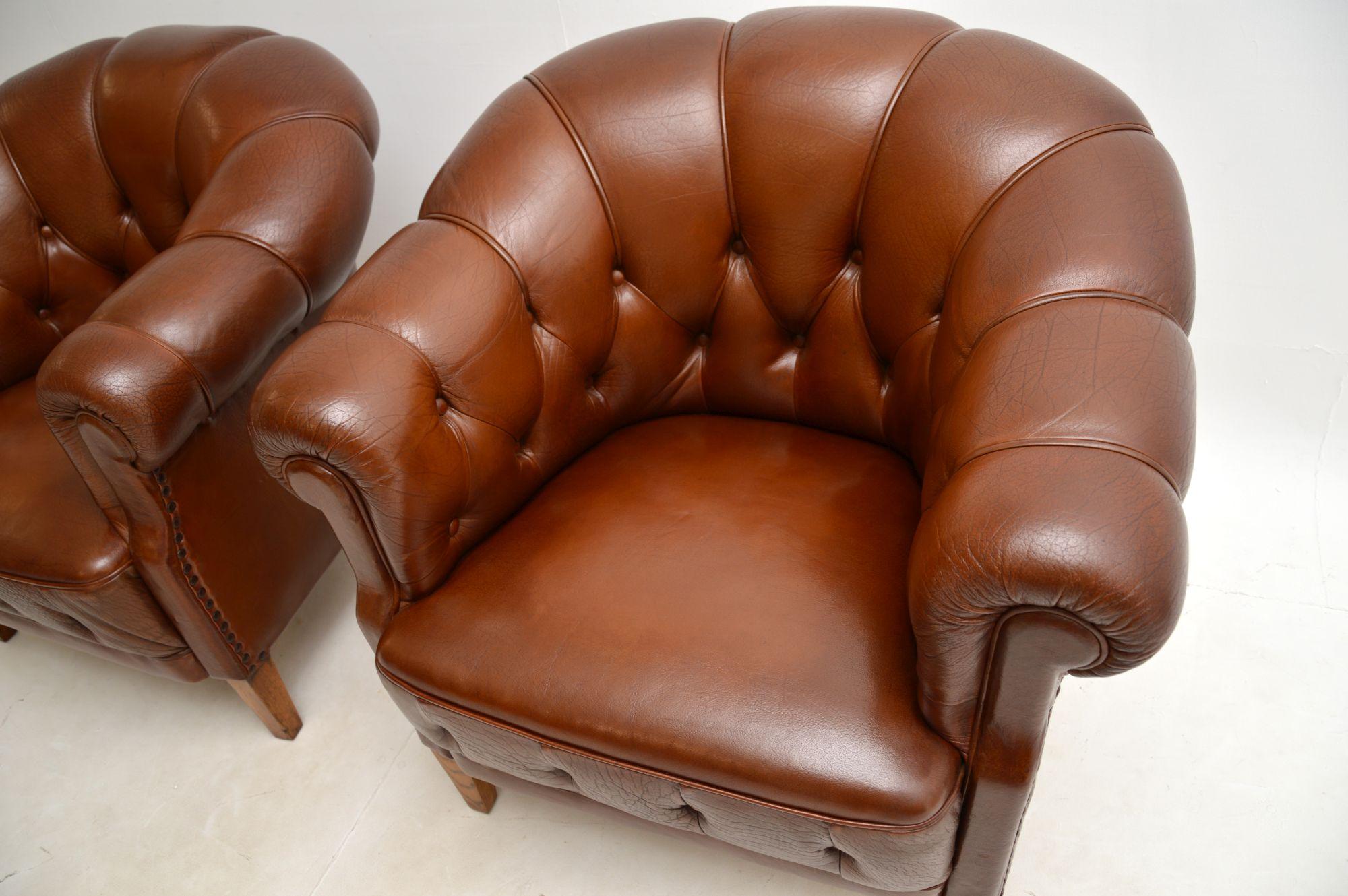 Pair of Antique Swedish Leather Club Armchairs For Sale 1