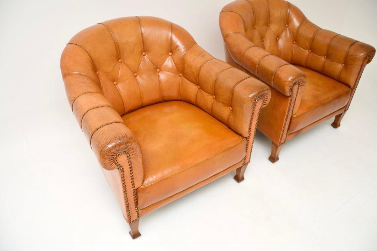 Pair of Antique Swedish Leather Club Armchairs 2