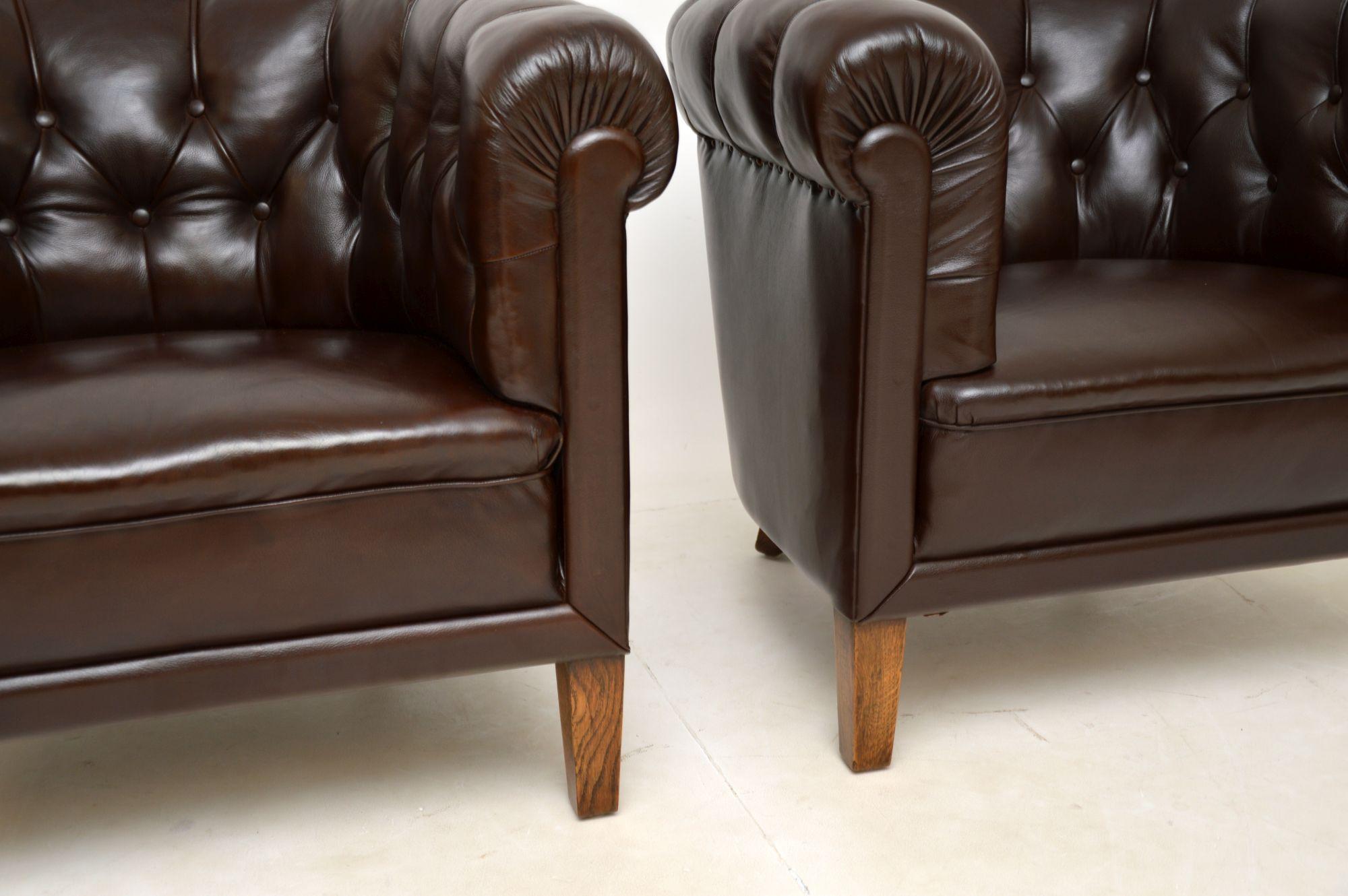 Pair of Antique Swedish Leather Club Armchairs 3