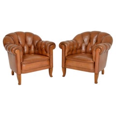 Pair of Antique Swedish Leather Club Armchairs