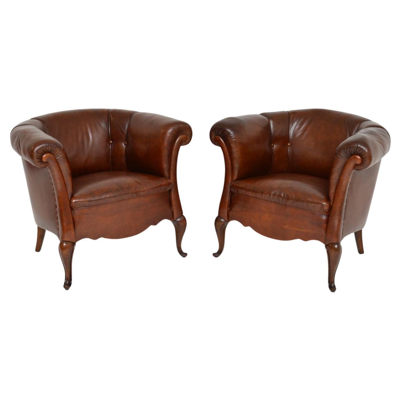 Pair of Antique Swedish Leather Club Armchairs