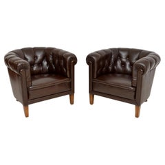 Pair of Antique Swedish Leather Club Armchairs