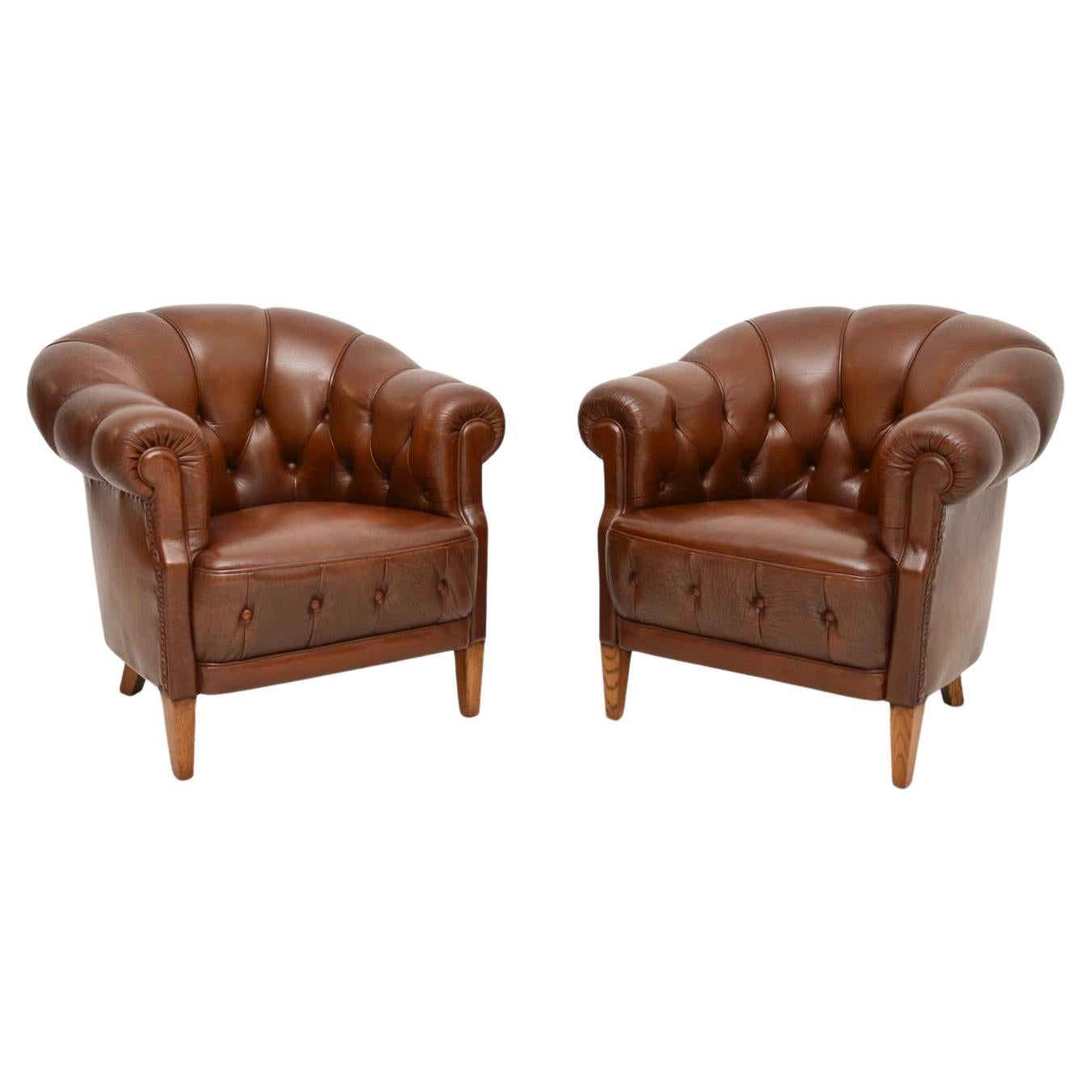 Pair of Antique Swedish Leather Club Armchairs For Sale