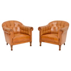 Pair of Antique Swedish Leather Club Armchairs