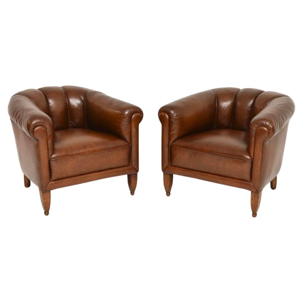 Pair of Antique Swedish Leather Club Armchairs