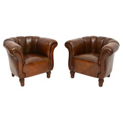Pair of Antique Swedish Leather Club Armchairs