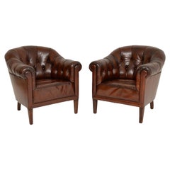 Pair of Antique Swedish Leather Deep Buttoned Armchairs