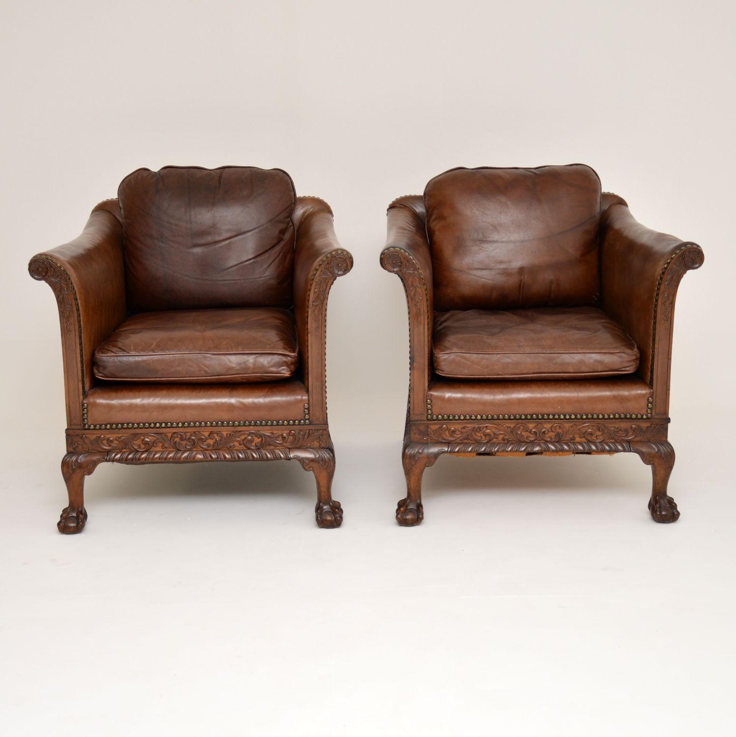 This pair of antique Swedish mahogany armchairs with leather upholstery are of Chippendale design & I would date them to circa 1890-1910 period. They are in lovely original condition, with feather filled cushions and I believe the leather could be