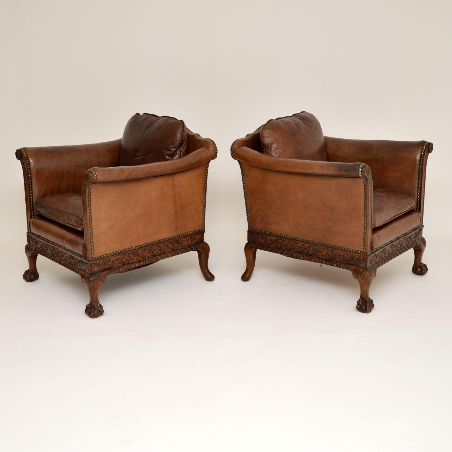 Chippendale Pair of Antique Swedish Leather & Mahogany Armchairs