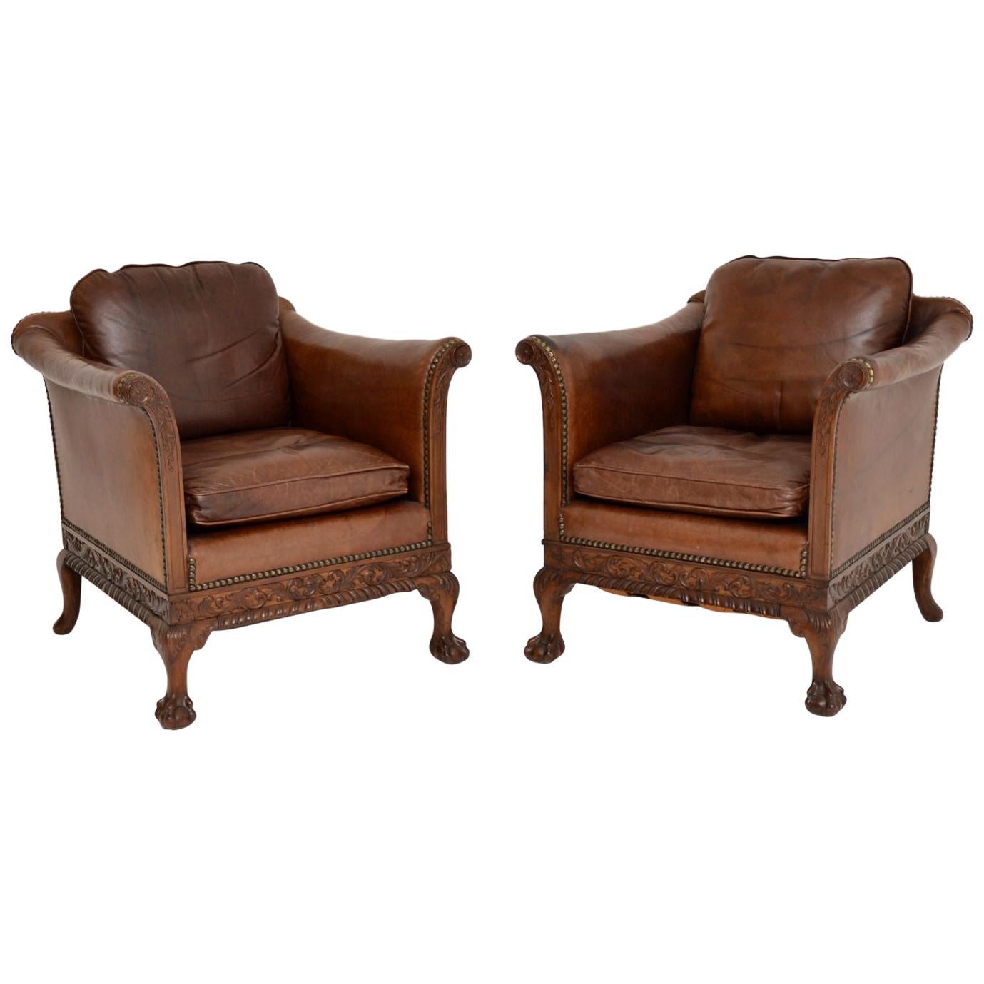 Pair of Antique Swedish Leather & Mahogany Armchairs