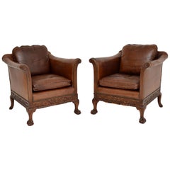 Pair of Antique Swedish Leather & Mahogany Armchairs