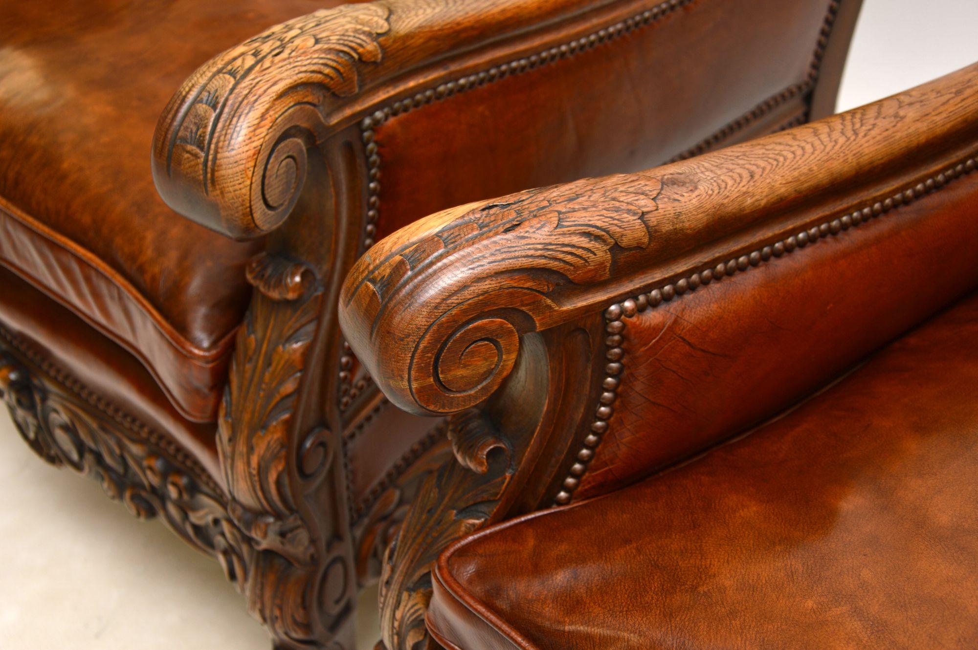 Pair of Antique Swedish Leather & Oak Bergere Armchairs 7