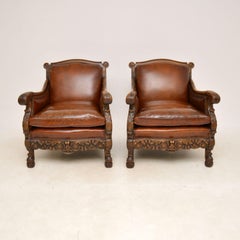 Pair of Antique Swedish Leather & Oak Bergere Armchairs