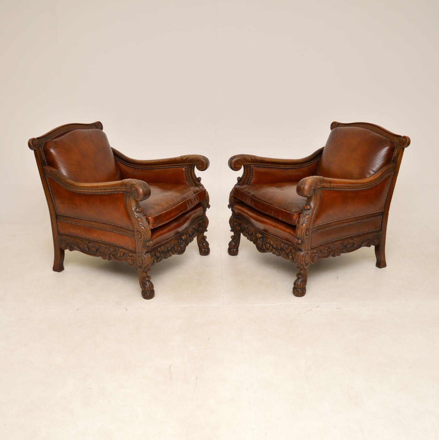 Edwardian Pair of Antique Swedish Leather & Oak Bergere Armchairs