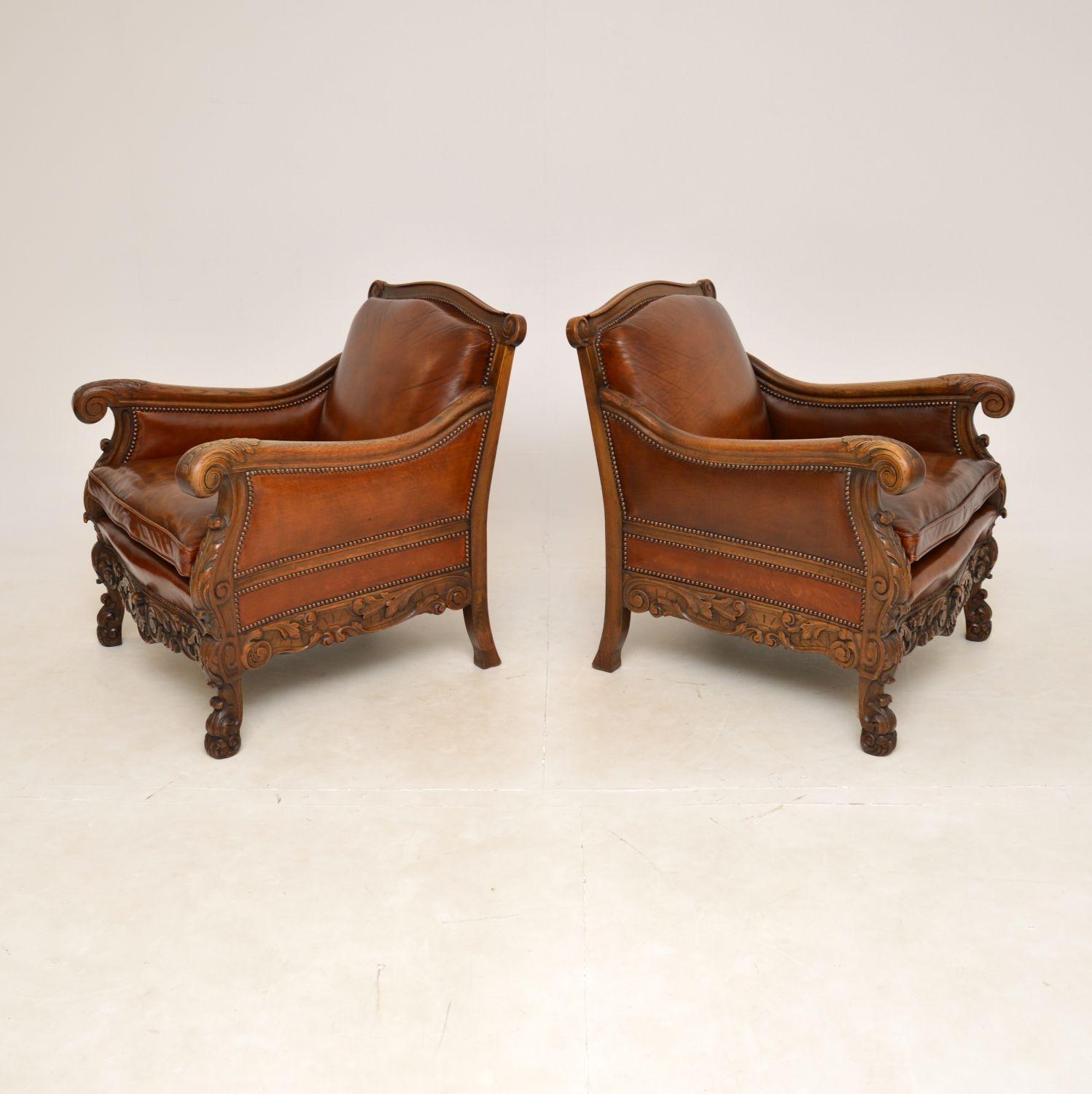 Pair of Antique Swedish Leather & Oak Bergere Armchairs In Good Condition In London, GB