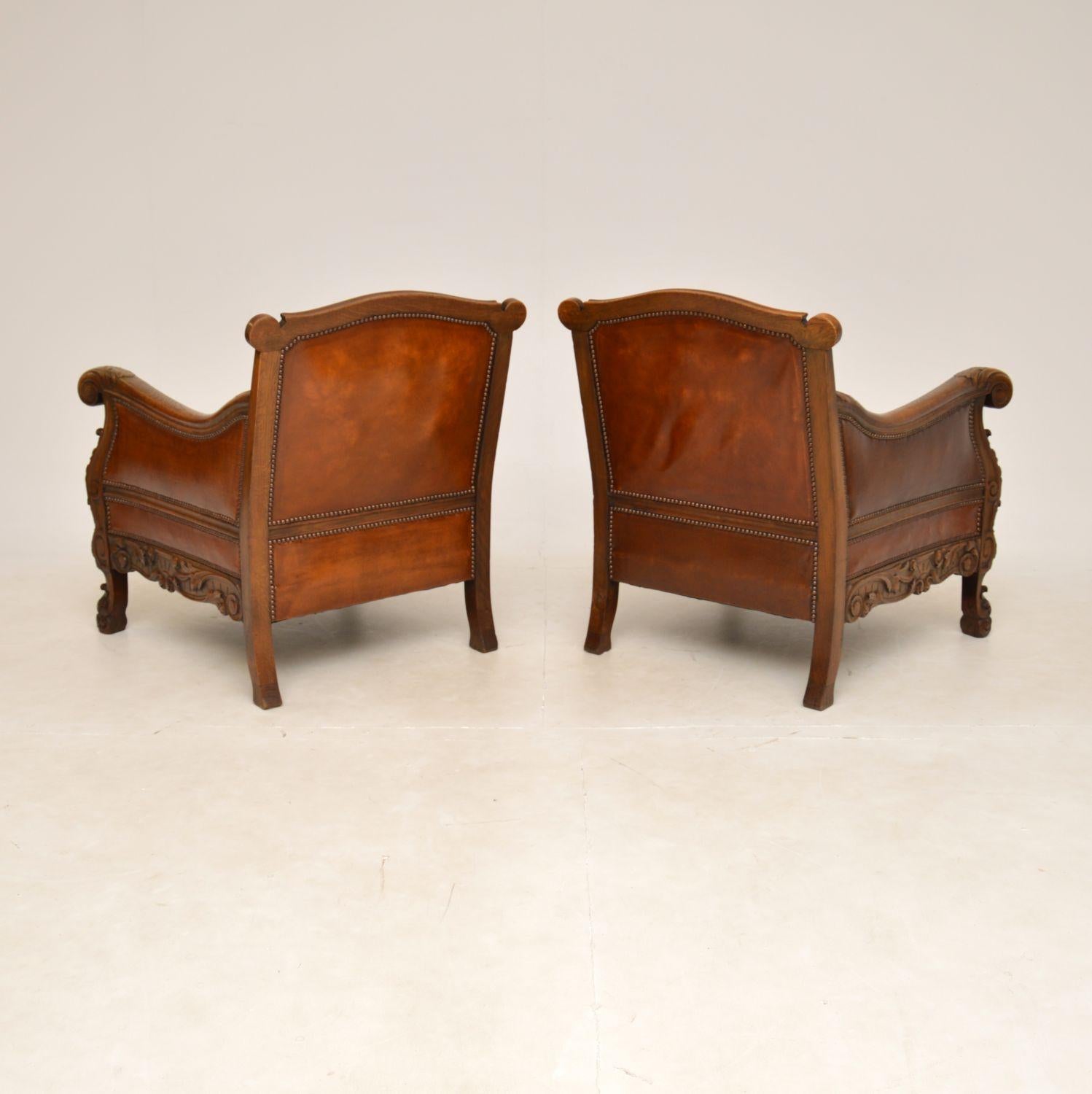 Early 20th Century Pair of Antique Swedish Leather & Oak Bergere Armchairs