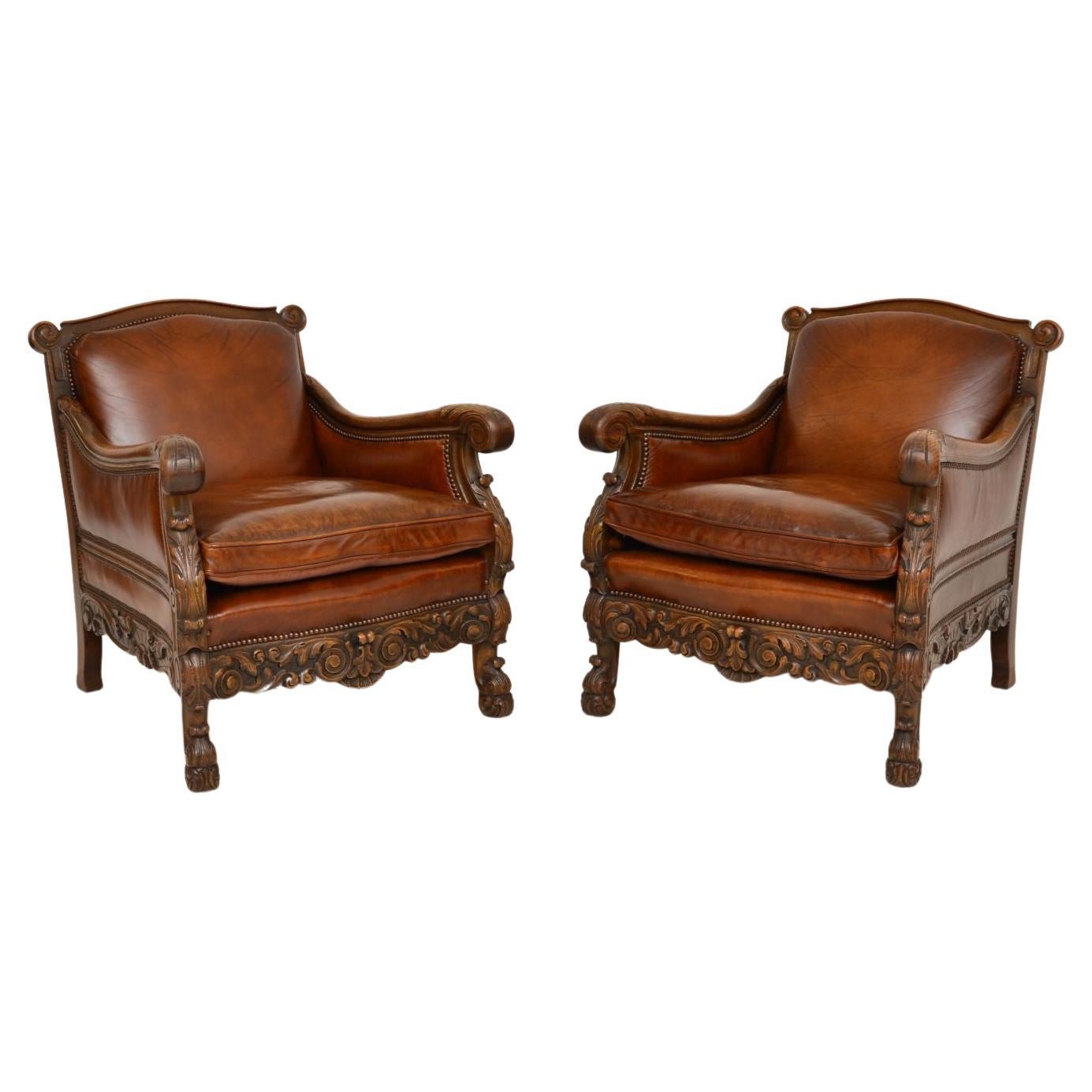 Pair of Antique Swedish Leather & Oak Bergere Armchairs
