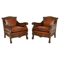 Pair of Antique Swedish Leather & Oak Bergere Armchairs