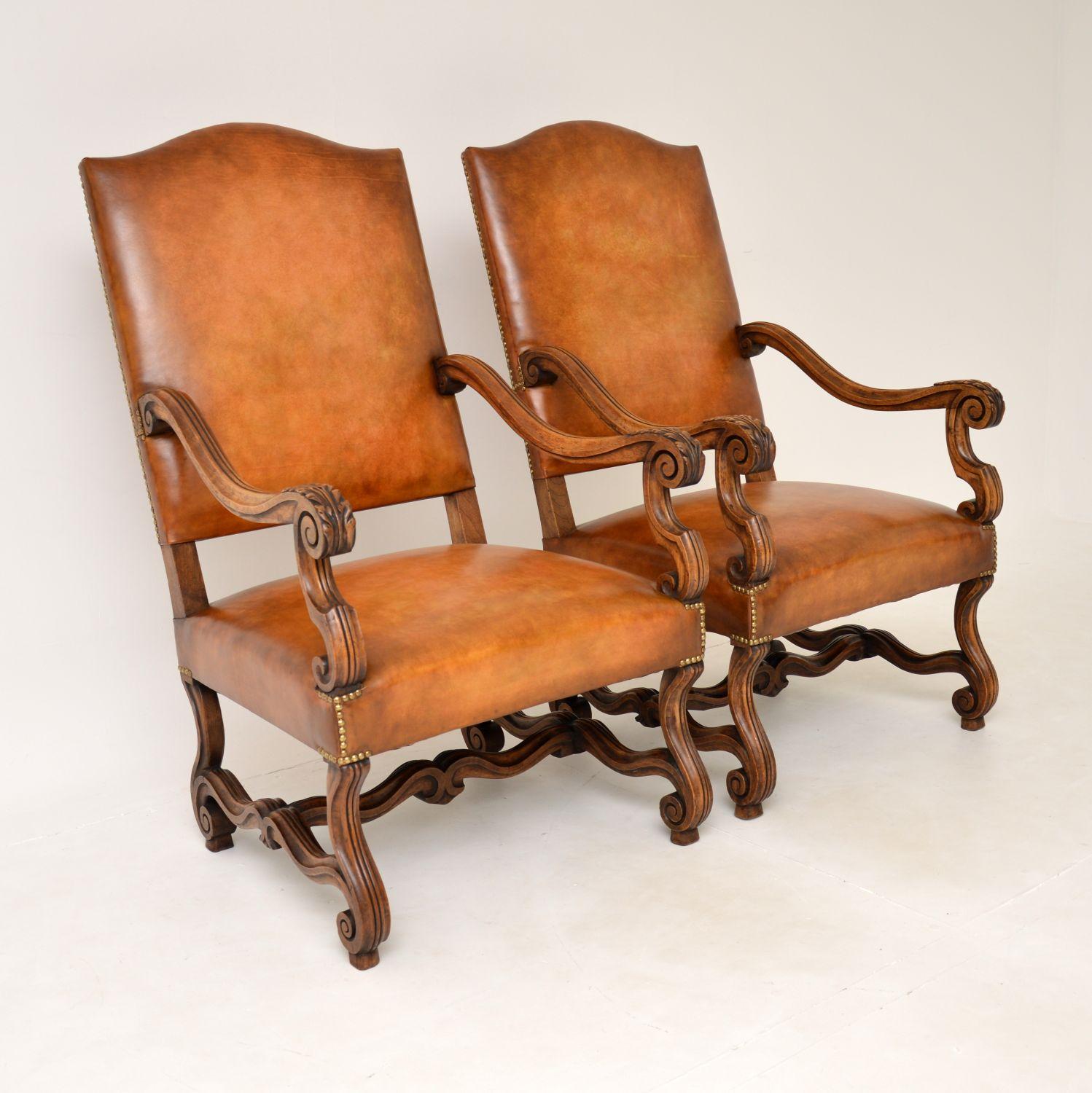19th Century Pair of Antique Swedish Leather & Walnut Armchairs