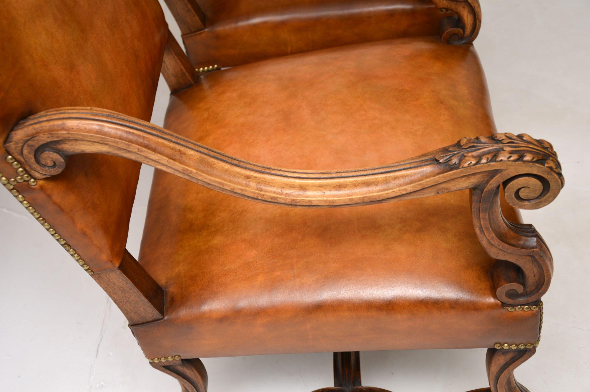 Pair of Antique Swedish Leather & Walnut Armchairs 1