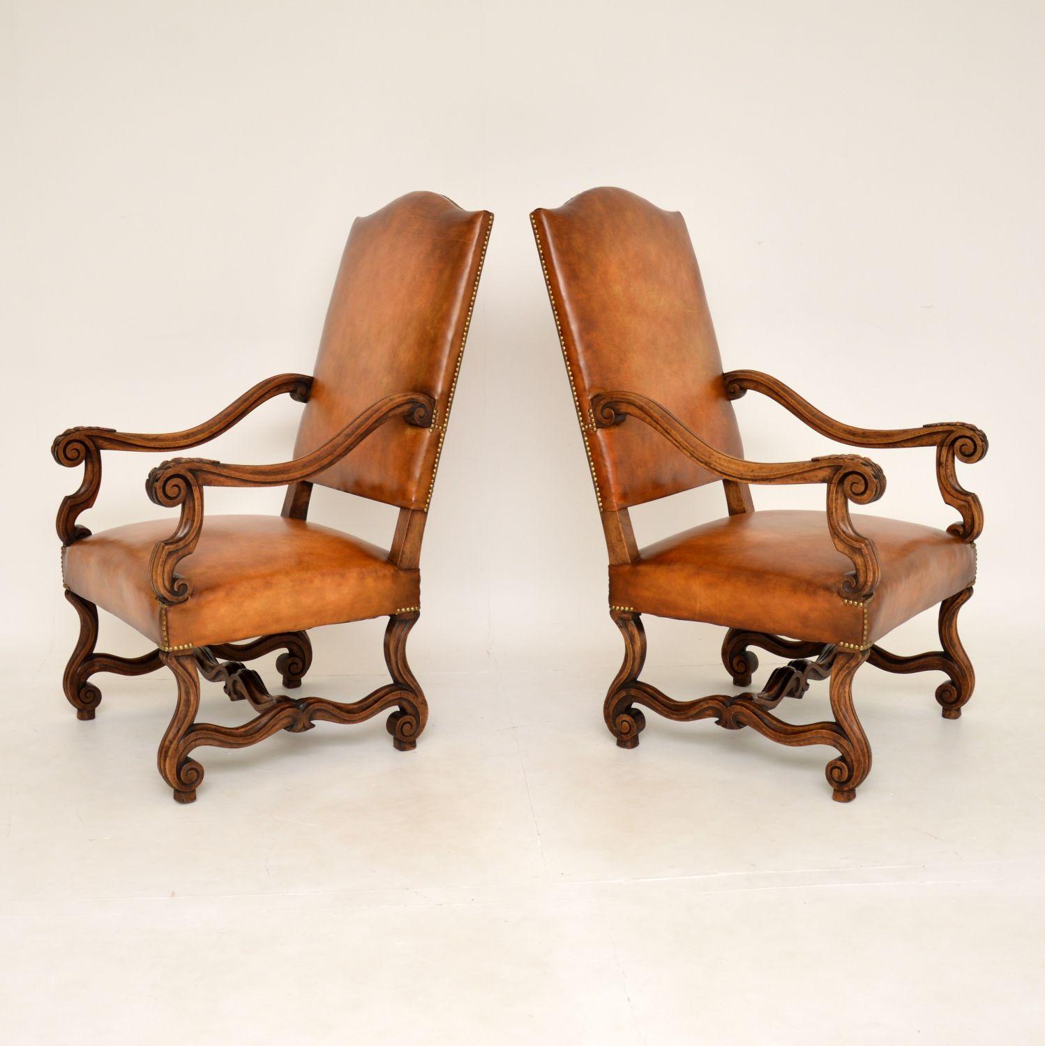 Pair of Antique Swedish Leather & Walnut Armchairs 5