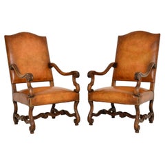 Pair of Antique Swedish Leather & Walnut Armchairs