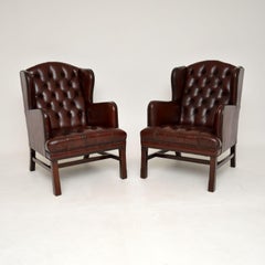 Pair of Antique Swedish Leather Wing Back Armchairs