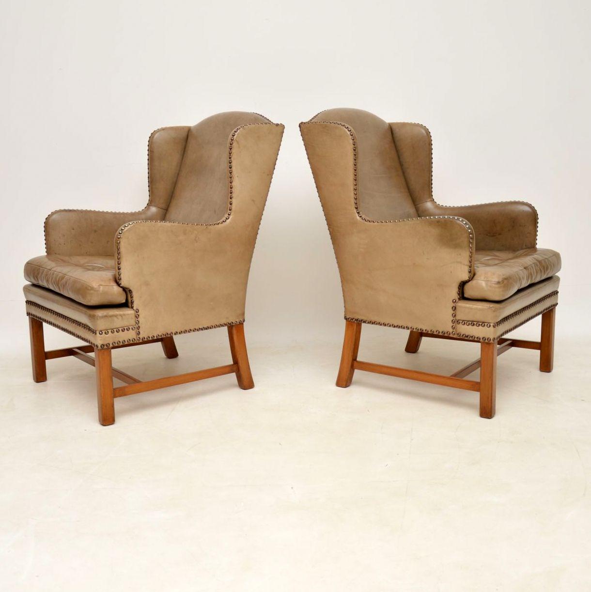 Edwardian Pair of Antique Swedish Leather Wingback Armchairs