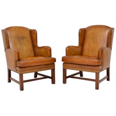 Pair of Antique Swedish Leather Wingback Armchairs